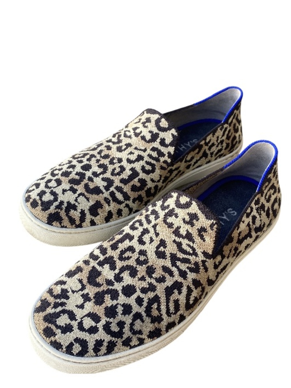 The Rothy’s Leopard Print Slip-On Flats - Beige, Black with Blue Trim